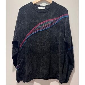 French Rags Black Chenille Knit Sweater Diagonal Rainbow Stripe Detail Size‎ M